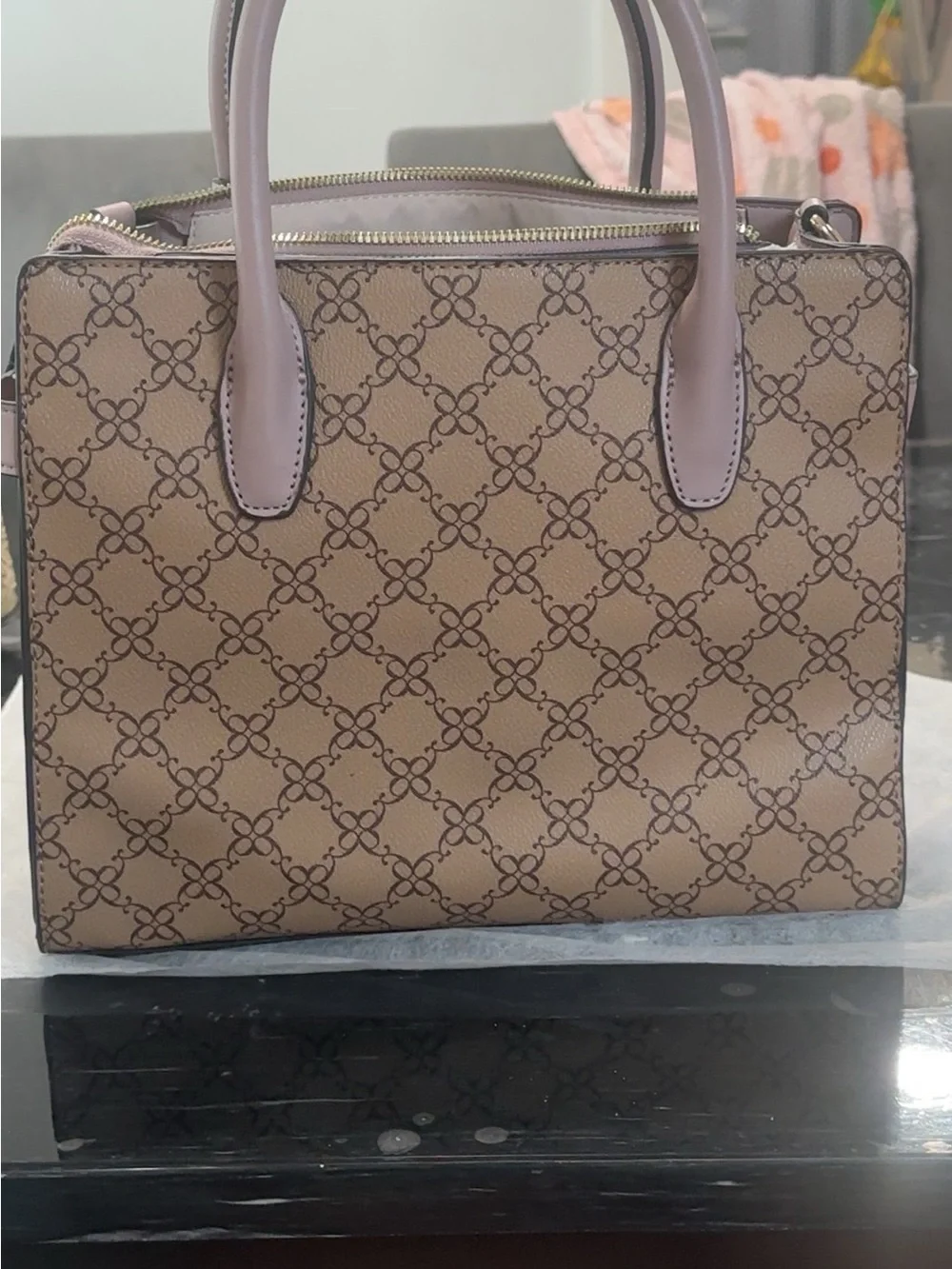 Nine West Taupe Satchel with Lilac Handles